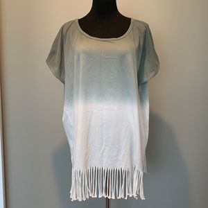 Easel Fringe Short Sleeve Oversized Tunic Top Size M Green White